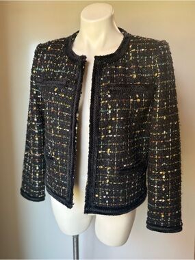 Tahari M Black Tweed Open-Front Jacket with Multicolor Flecks